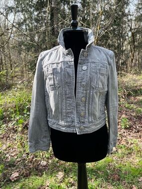 Express gray distressed denim jacket S